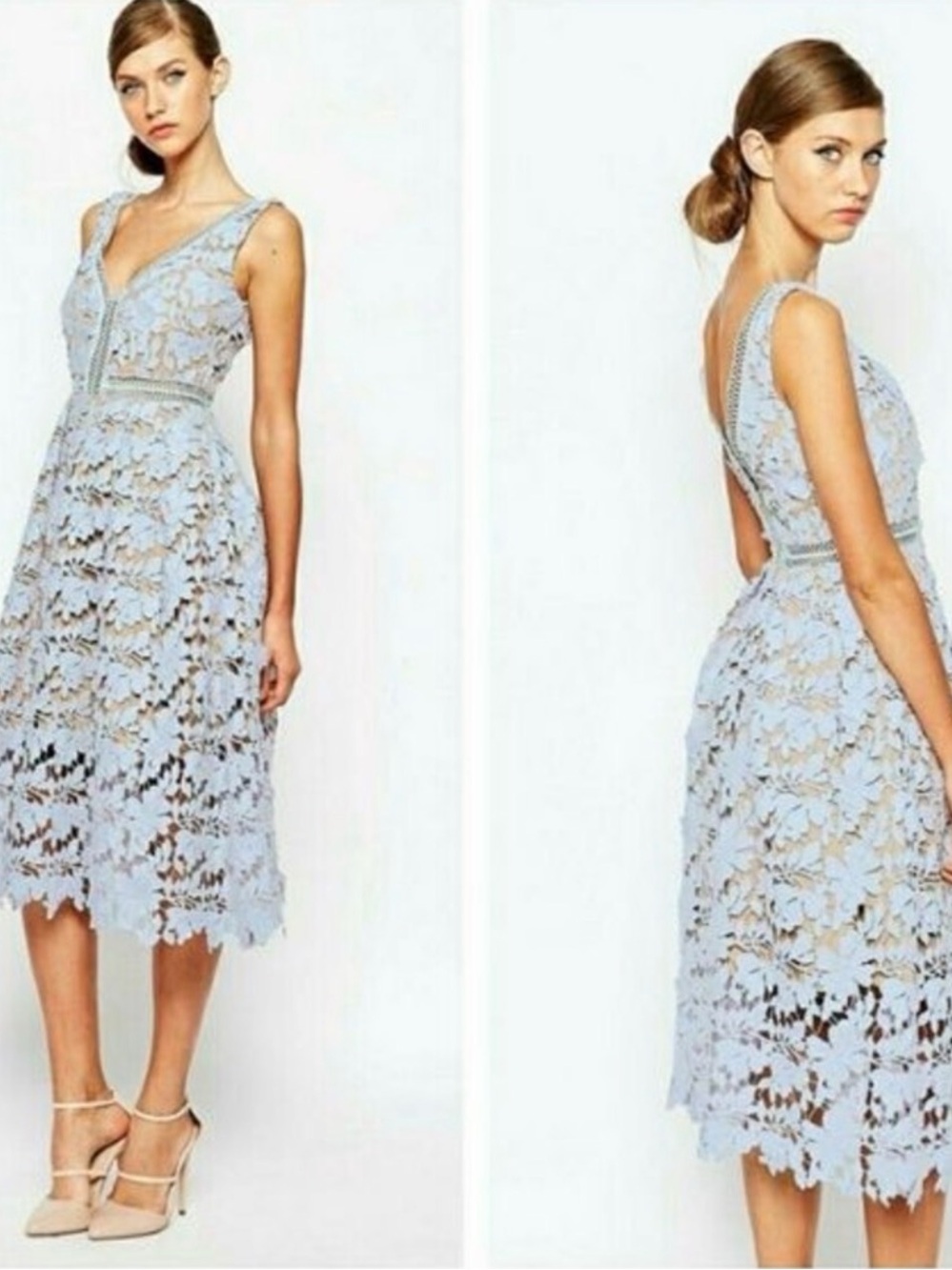 NWT Size M Romeo & Juliet Couture Light Blue Floral Lace Midi Dress